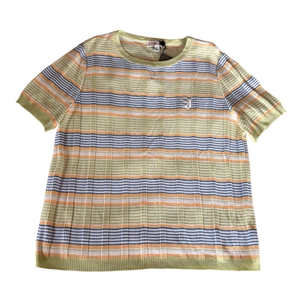 NWT St. John Sport Green Pastel Striped Knit Short Sleeve Top Sz L